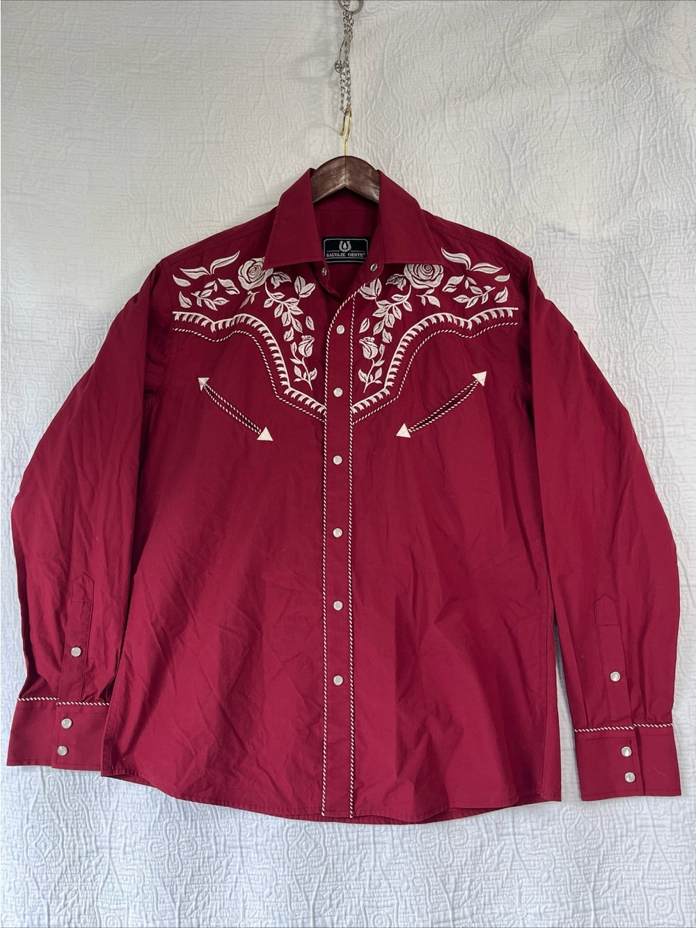 Salvaje Oeste Western Shirt Mens M L Red Embroidered Floral Rose Pearl Snap Top